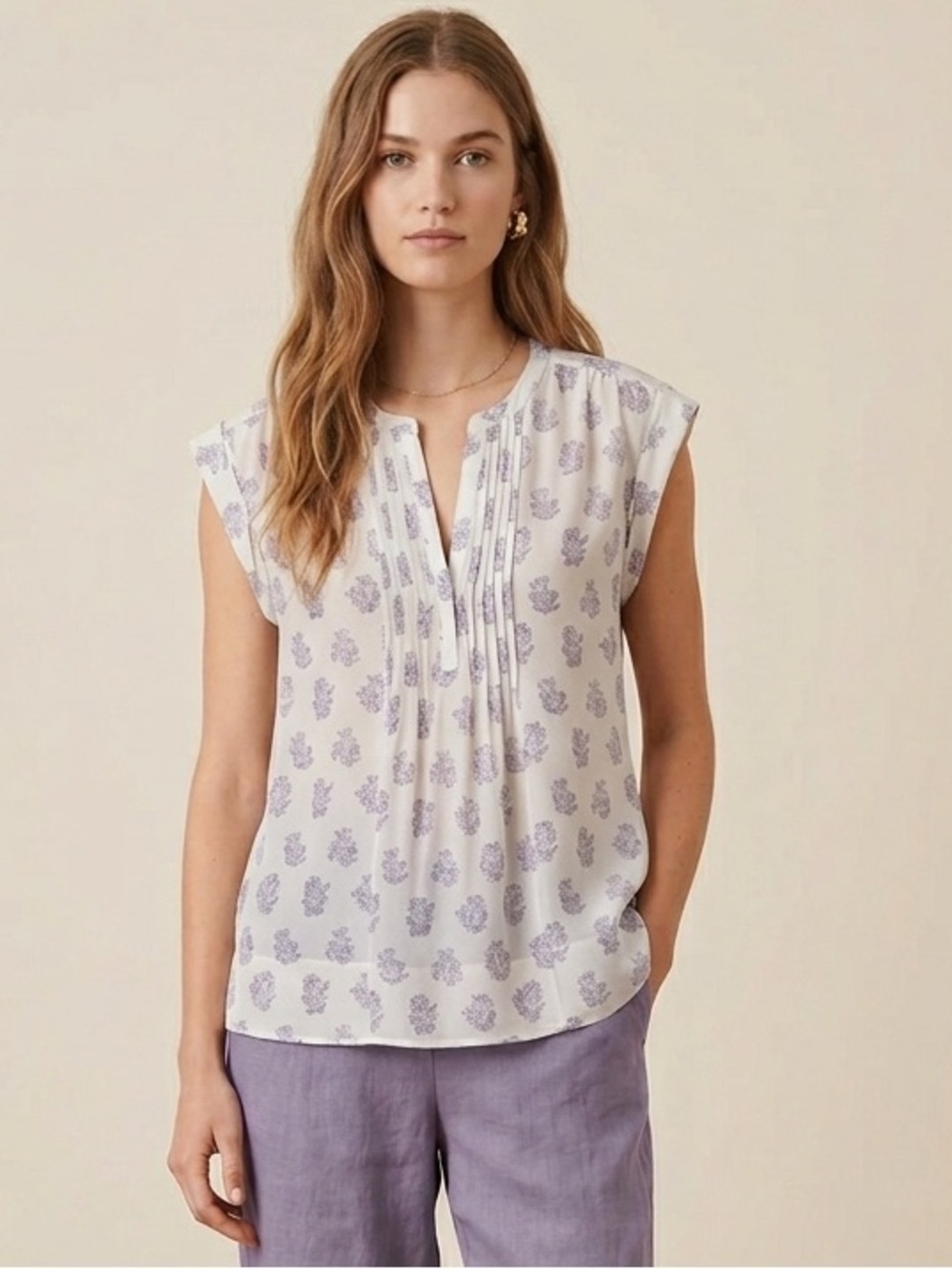 Rebecca Taylor Silk Blouse Floral Indira Print V Neck Sleeveless Cream Size 4